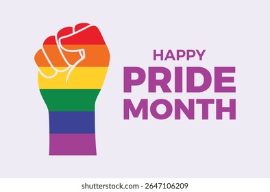 Cartaz Feliz Mês do Orgulho com mão colorida levantada em primeiro vetor ilustração. Mão de arco-íris com ícone de punho cerrado. Elemento de design LGBTQ. Vetor da primeira mão da bandeira do orgulho. Símbolo do Mês do Orgulho LGBTQIA