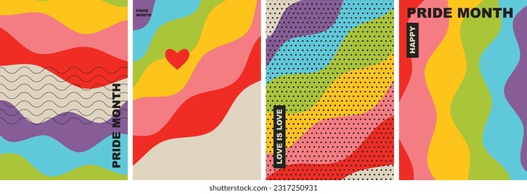 Happy Pride Month poster design template with rainbow flag backgrounds. Love is love concept. Perfect background for posters, cover art, flyer, banner, web. Simple flat vector illustration.