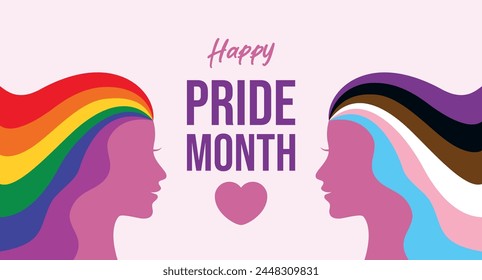 Afiche del Mes del Orgullo Feliz con Ilustración vectorial facial femenina. Cabeza femenina de perfil con el icono largo del pelo del arco iris. Plantilla de fondo, Anuncio, tarjeta. Símbolo de amor LGBTQ. Día importante