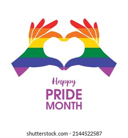 Happy Pride Month Poster with hand heart icon vector. Hand heart gesture pride flag icon vector isolated on a white background. LGBT design element. Rainbow gay palm of hand in heart shape vector