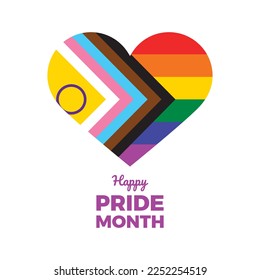 Happy Pride Month poster with heart shape icon vector. Progress LGBTQIA pride flag in heart shape icon vector isolated on a white background. LGBT graphic design element. Rainbow gay flag heart icon