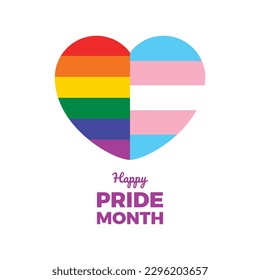 Happy Pride Month poster with heart shape icon vector. Transgender and LGBT rainbow pride flag in heart shape icon vector isolated on a white background. LGBT graphic design element. Important day