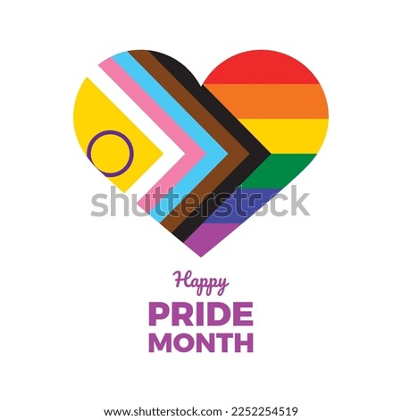 Happy Pride Month poster with heart shape icon vector. Progress LGBTQIA pride flag in heart shape icon vector isolated on a white background. LGBT graphic design element. Rainbow gay flag heart icon