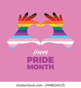 Happy Pride Month poster with LGBTQIA love symbol vector illustration. Hand heart love gesture LGBTQ pride flag symbol. Template for background, banner, card. Lesbian, Gay, Bisexual, Transgender Pride