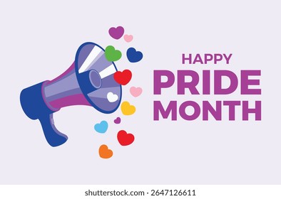 Cartaz Feliz Mês do Orgulho com megafone e coração de ilustração vetor amor. Alto-falante e colorido coração vetor. Símbolo do amor do megafone LGBTQIA. Modelo para plano de fundo, banner, cartão