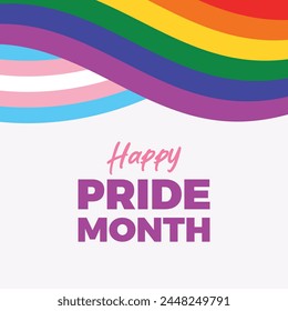 Happy Pride Month poster with rainbow flag ribbon vector illustration. LGBTQ pride flag abstract shape frame. Template for background, banner, card. Lesbian, Gay, Bisexual, Transgender and Queer Pride