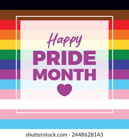 Happy Pride Month poster with rainbow flag vector illustration. LGBTQ pride flag square frame vector. Template for background, banner, card. Lesbian, Gay, Bisexual, Transgender and Queer Pride Month