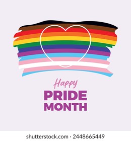 Happy Pride Month poster with rainbow flag vector illustration. LGBTQ grunge pride flag icon. Template for background, banner, card. LGBTQIA paintbrush flag symbol. Important day