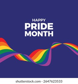 Cartaz Feliz Mês do Orgulho com ilustração do vetor de onda de linha arco-íris. Ícone abstrato da faixa de opções da bandeira do orgulho LGBT. Forma geométrica do movimento LGBTQIA. Modelo para plano de fundo, banner, cartão. Dia importante