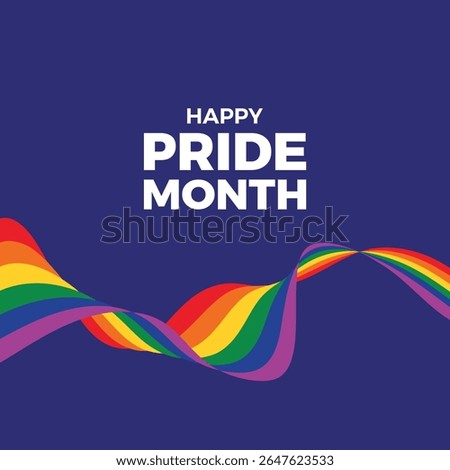 Happy Pride Month poster with rainbow line wave vector illustration. Waving abstract LGBT pride flag ribbon icon. LGBTQIA motion geometric shape. Template for background, banner, card. Important day