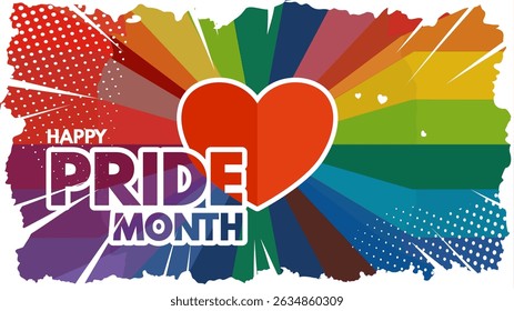 happy pride month — rainbow banner with heart — banner, poster, story post template — vector illustration	