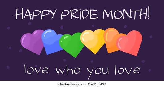 Happy pride month rainbow pride cute hearts on dark background vector illustration and banner
