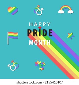 Happy Pride Month with rainbow, sign, symbol, heart, flag, star, flower in LGBTQ style vector on blue background. LGBTQ illustration.