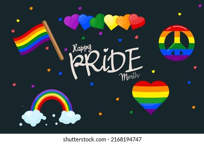 Happy pride month rainbows set stickers on dark background and little cute heart vector illustration 