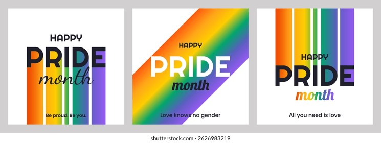 Feliz Mês do Orgulho. Conjunto de 3 modelos festivos quadrados para postagens de mídia social, banners, fundos. LGBTQIA. Cartas simples isoladas com arco-íris para desfiles de festivais, festas e eventos sociais. Vetor.