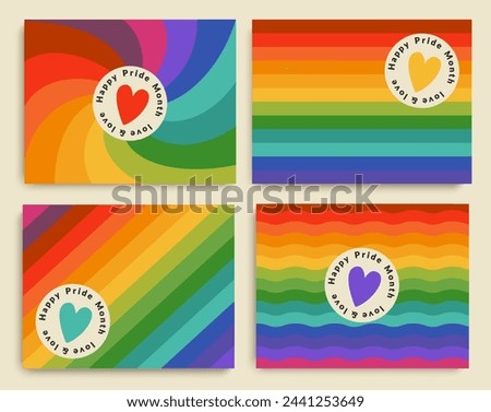 Happy pride month. Set banners for LGBTQ with rainbow and heart. Pride month celebration against violence, descrimination, human rights violation. Equality and self-affirmarmation.Vector illustration.