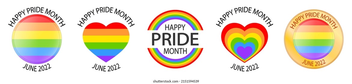 Happy Pride Month. Set Of Rainbow Icons. Love Is Love, Rainbow Flag, Lgbt Pride. June 2022. Heart-shaped And Round Logos. Human Rights And Tolerance