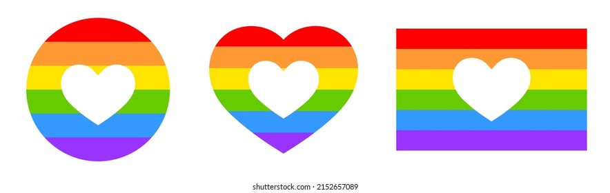 Happy pride month. Set of rainbow icons with white heart. Love is love, rainbow flag, lgbt pride. June 2022. Heart-shaped and round logos. Human rights and tolerance