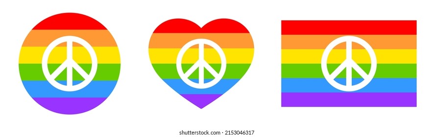 Happy pride month. Set of rainbow icons with peace sign. Love is love, rainbow flag, lgbt pride. June 2022. Heart-shaped and round logos. Human rights and tolerance