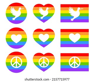 Happy pride month. Set of rainbow icons with white heart, peace dign and dove. Love is love, rainbow flag, lgbt pride. June 2022. Heart-shaped and round logos. Human rights and tolerance