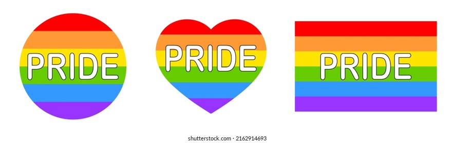 Happy pride month. Set of rainbow icons. Love is love, rainbow flag, lgbt pride. June 2022. Heart-shaped and round logos. Human rights and tolerance