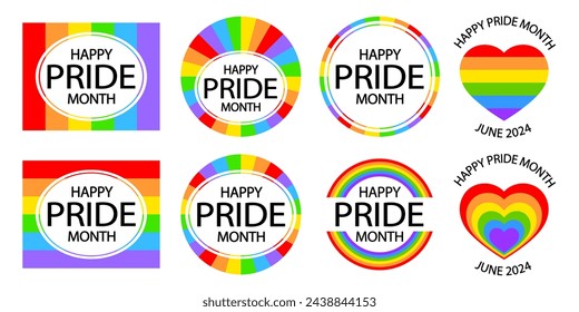 Happy pride month. Set of rainbow icons. Love is love, rainbow flag, lgbt pride. June 2024. Heart-shaped and round logos. Human rights and tolerance