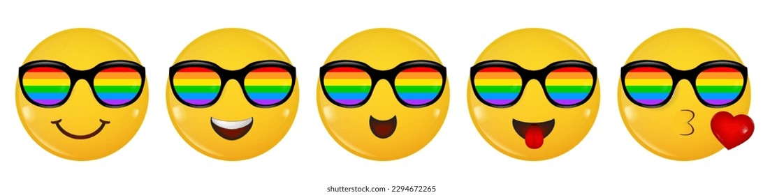 Happy pride month. Set of smiling face icons. Love is love, rainbow flag, lgbt pride. Human rights and tolerance