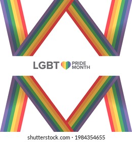 Happy pride month square banner with pride color striped ribbon flag isolated on white background. LGBT Pride month or pride day poster, invitation party card modern style design template.