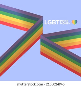 Happy pride month square banner with pride color striped ribbon flag isolated on blue background. LGBT Pride month or pride day poster, invitation party card modern style design template.