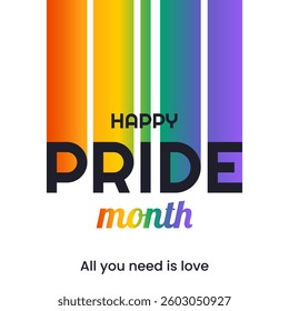 Happy Pride Month. Square festive template for social media posts, banners, backgrounds. LGBTQ. Simple card with rainbow on white for festival parades, parties, and social events. Vector illustration.
