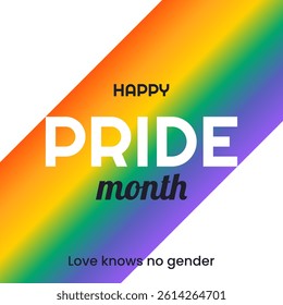 Happy Pride Month. Square festive template for social media posts, banners, backgrounds. LGBTQIA. Simple card with rainbow on white for festival parades, parties, and social events. Vector.