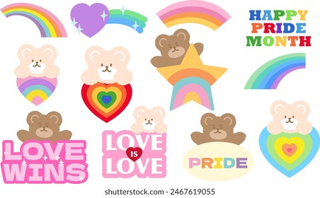 Happy Pride Month with Teddy Bear and rainbow for logo, icon, sticker, tattoo, pet, vet, pet shop, decoration, shirt print, love sign, symbol, plush toy, dolls, cartoon, character, comic, mascot, font