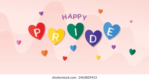 Happy Pride Month Text auf einem bunten Herzform Poster Banner, Vektorgrafik, Illustration