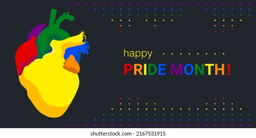 Happy Pride month text and rainbow heart on dark background vector illustration