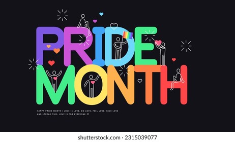 Happy pride month. Typographic banner with place for text. People gathering and celebrating. For dark background. Modern flat wallpaper. Vector file.