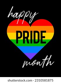 Feliz mes de orgullo diseño de tipografía con corazón de arco iris. Diseño del logo del mes del orgullo. 