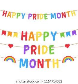 Happy Pride Month vector colorful garland illustration. Rainbow letters hanging on string. Pride bunting with letters, flags, hearts and rainbows.