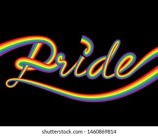 Happy pride month vector horizontal banner with typography colorful rainbow text on a black background. Graphic design for LGBT community with colorful rainbow letters