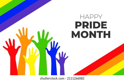 Happy Pride Month. Vector Illustration with Rise Up Colorful Hands and LGBT Flag