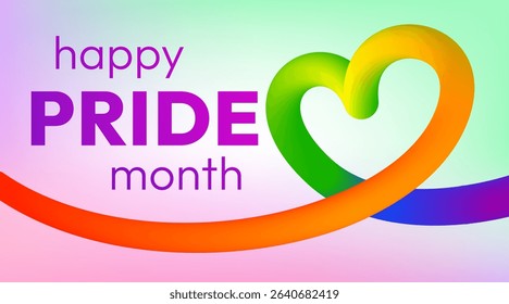 Happy Pride Month. Vibrant abstract banner with smooth rainbow colored, heart shaped ribbon and bold text on soft pastel holographic background. LGBTQ community support during Pride Month celebration.