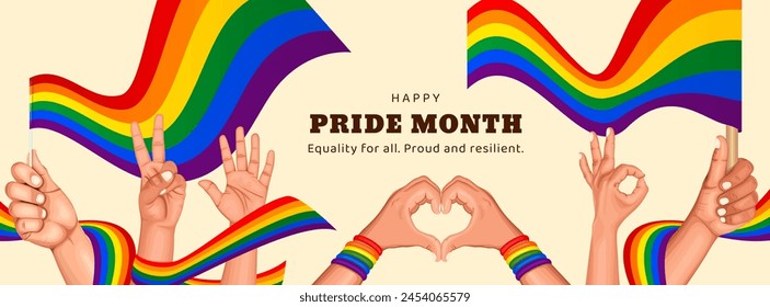 happy pride month web banner design with  illustration of hands holding flags and shows different gestures, human rights violatioin