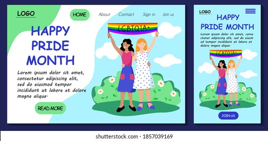 Feliz mes del orgullo. Página de inicio del sitio Web y plantilla de aplicación móvil. Dos lesbianas con bandera arco iris en el desfile gay. El concepto de página de inicio es fácil de editar y personalizar. Ilustración plana vectorial de material.