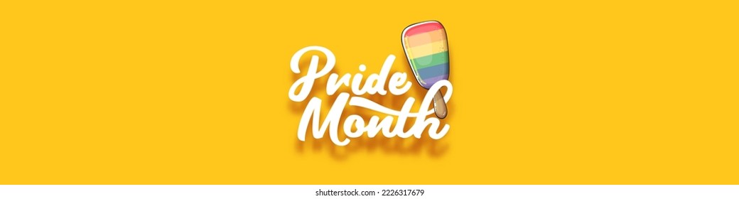 Happy pride month wide horizontal banner with pride color flag ice cream isolated on orange background. LGBT Pride month or pride day poster, invitation party card with popsicle