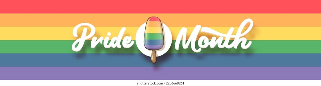 Happy pride month wide horizontal banner with pride color flag ice cream isolated on rainbow background. LGBT Pride month or pride day poster, invitation party card with popsicle