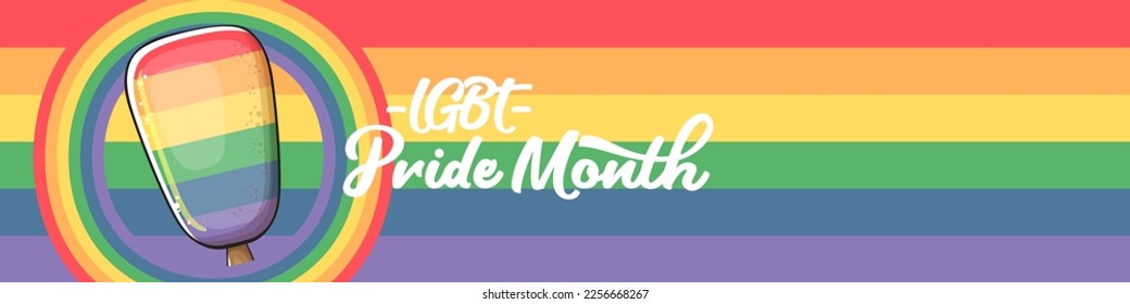 Happy pride month wide horizontal banner with pride color flag ice cream isolated on rainbow background. LGBT Pride month or pride day poster, invitation party card with popsicle