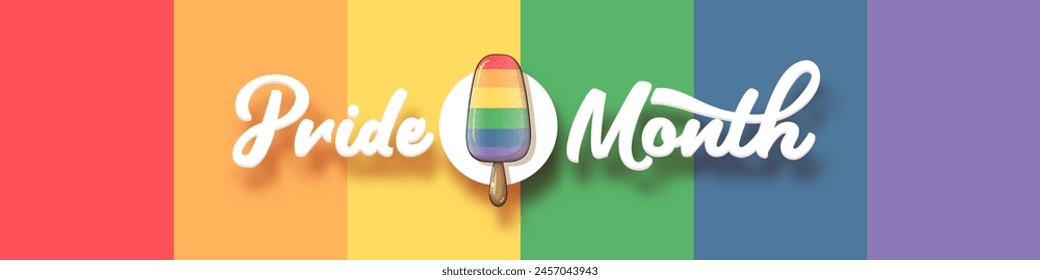 Happy pride month wide horizontal banner with pride color flag ice cream isolated on rainbow background. LGBT Pride month or pride day poster, invitation party card with popsicle