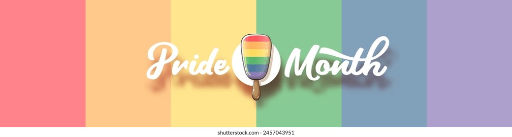 Happy pride month wide horizontal banner with pride color flag ice cream isolated on rainbow background. LGBT Pride month or pride day poster, invitation party card with popsicle