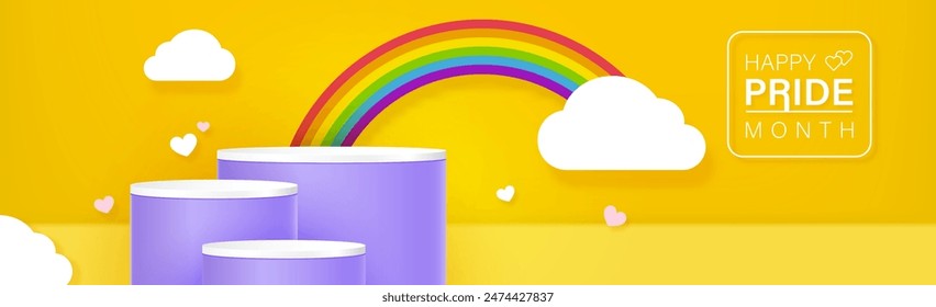 Happy pride month yellow banner background with stage podiums for products display, vibrant rainbow and heart symbol, vector design