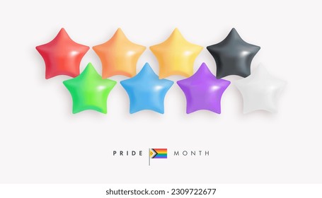 Happy pride poster, web banner or greeting card design template. Colorful 3d stars on light background. Lgbt colors. Lgbtq+ flag. Vector illustration