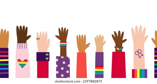 Happy pride seamless border. Diverse white and bipoc raised hands with gay lgbt symbols. Rainbow flag decoration. Vector flat illustration.